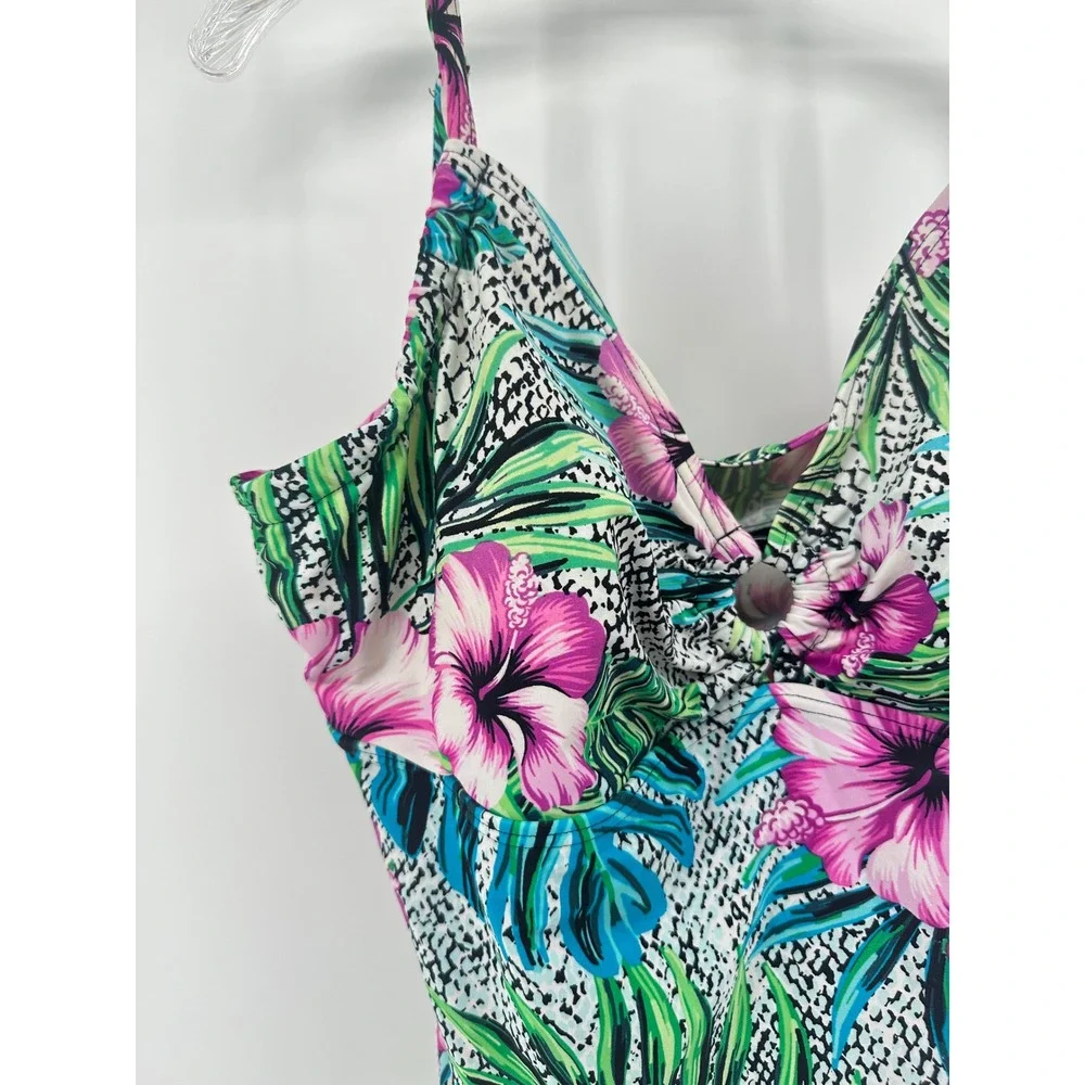 St Johns Bay Womens Floral Tropical Animal Print Tankini Swim Top Pink Green 16